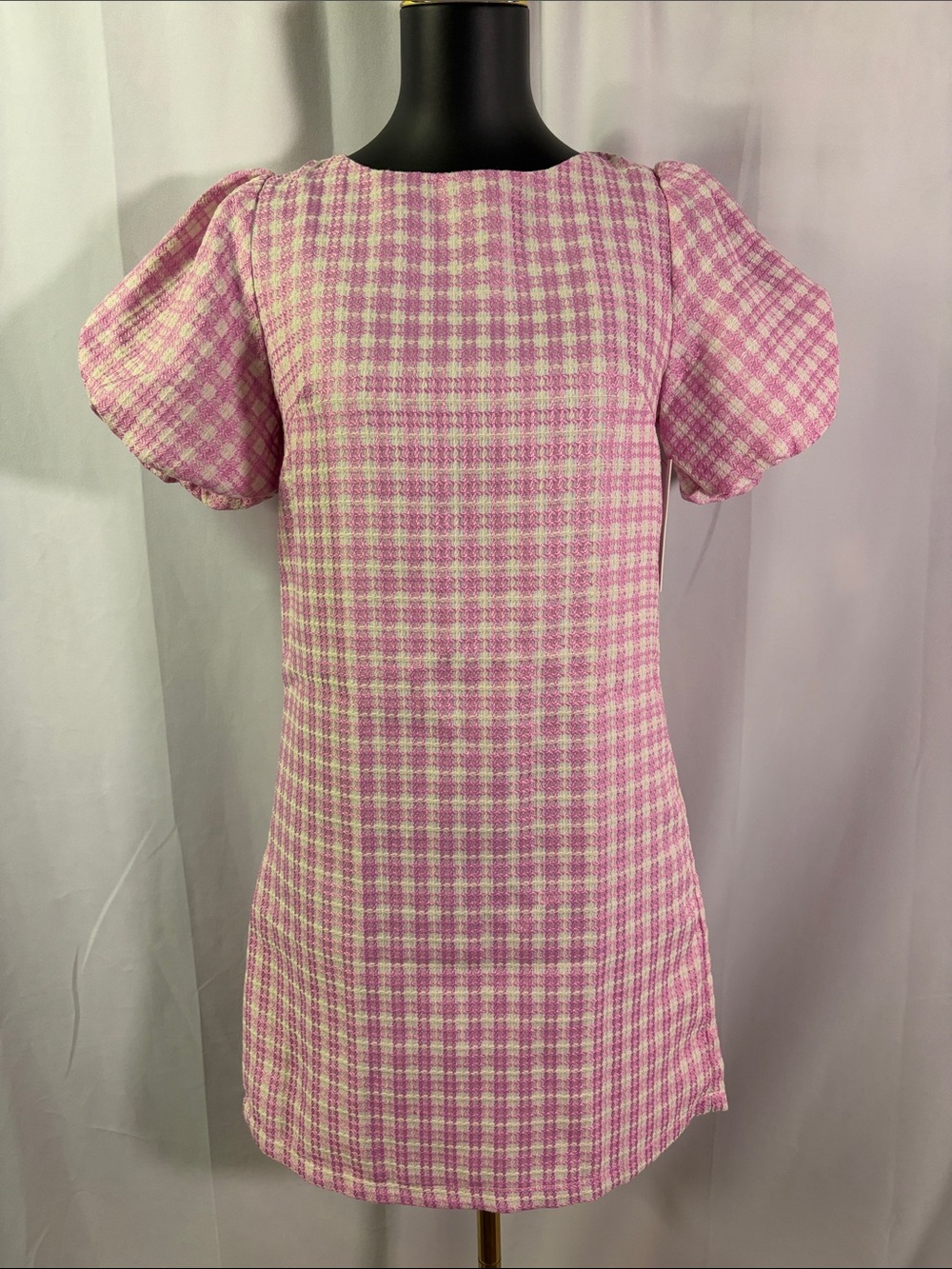 NWT Aura Pink & White Gingham Plaid Short Puff Sleeve Mini Dress